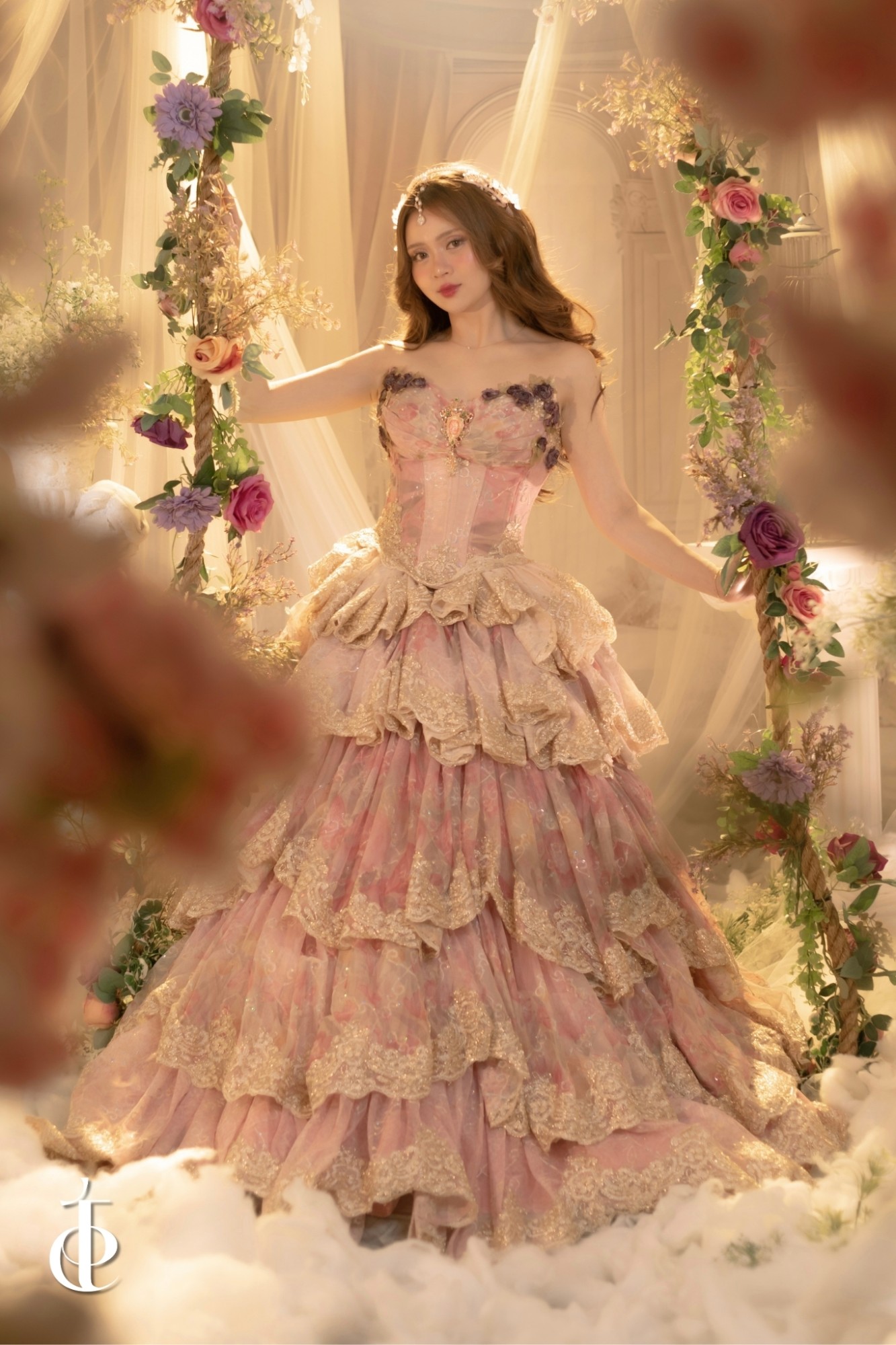 aurora — blush tiered ballgown, gold-lace ruffles